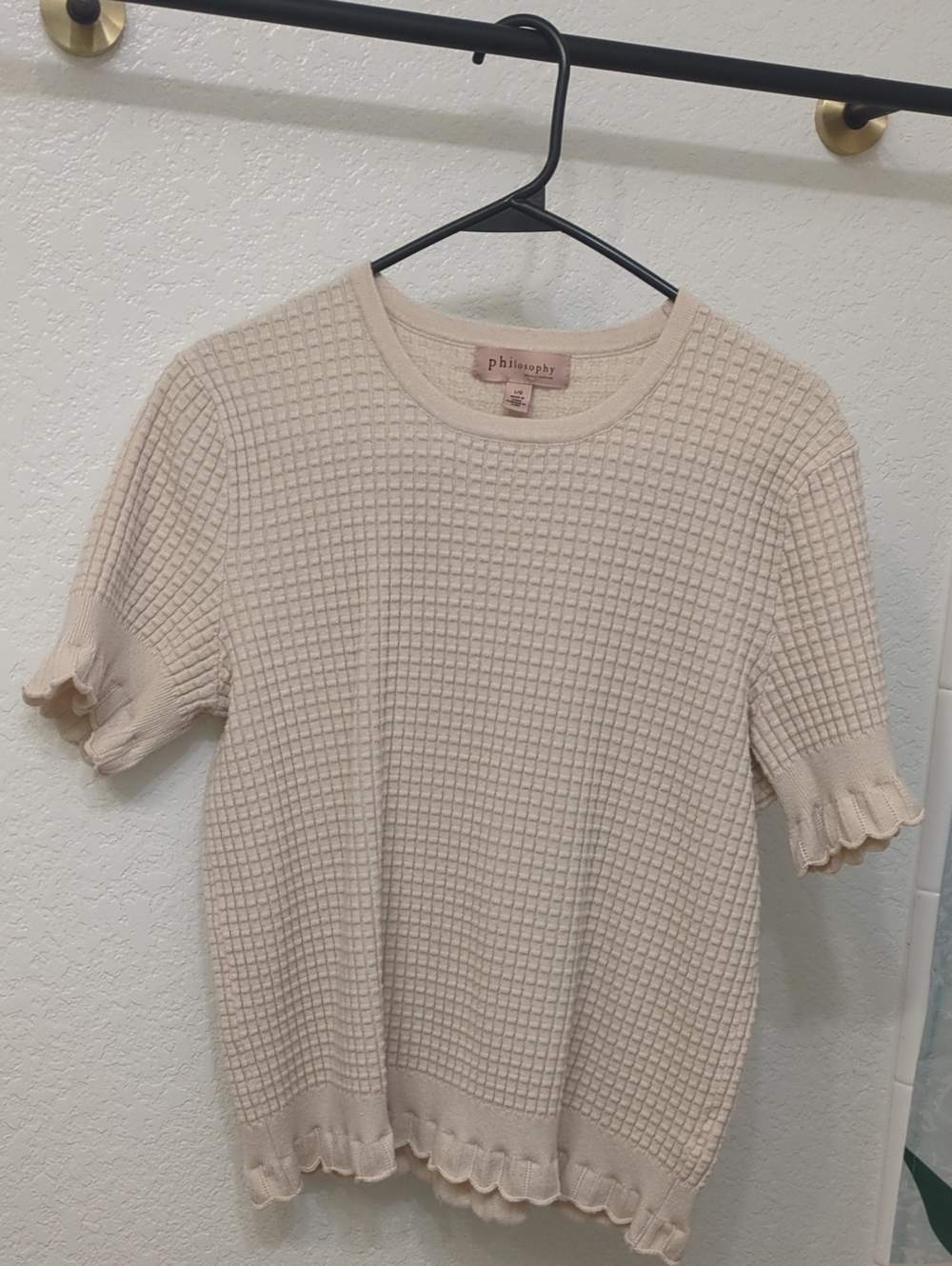 Philosophy Cream Waffle Knit Short Sleeve Top with Ruffle Trim